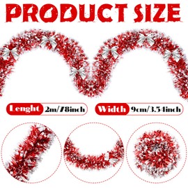 6 Pieces 39.4 ft Christmas Tinsel Garland with Red Bows Fluffy Tinsel Garland Soft Glitter Christmas Tinsel Garland Decorations Vintage Tinsel Wreaths for Party Xmas Tree Decoration (Red)