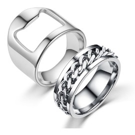 Fuqimanman2020 2pcs Stainless Steel Bottle Opener Rings Set Spinner Chain Thumb Creative Beer Bar Opening Tool Ring for Men Women Party Jewelry-Silver 11