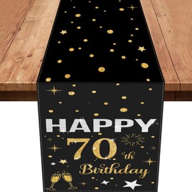 70th Table Decoration Birthday Black Gold Decoration 70th Birthday Women Happy Birthday Table Runner Tablecloth for 70th Party Birthday Decoration 180 x 35 cm