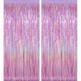 Pink Glitter Metallic Tinsel Foil Fringe Curtains Backdrop Streamers, 2Pcs