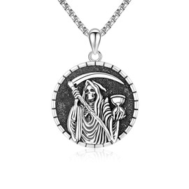 Aututer Santa Muerte Necklace 925 Sterling Silver Grim Reaper Necklace Holy Death Scythe Necklace Death Moth Necklace for Men Gothic La Santa Muerte Jewelry Gift, S925 Sterling Silver, No Gemstone