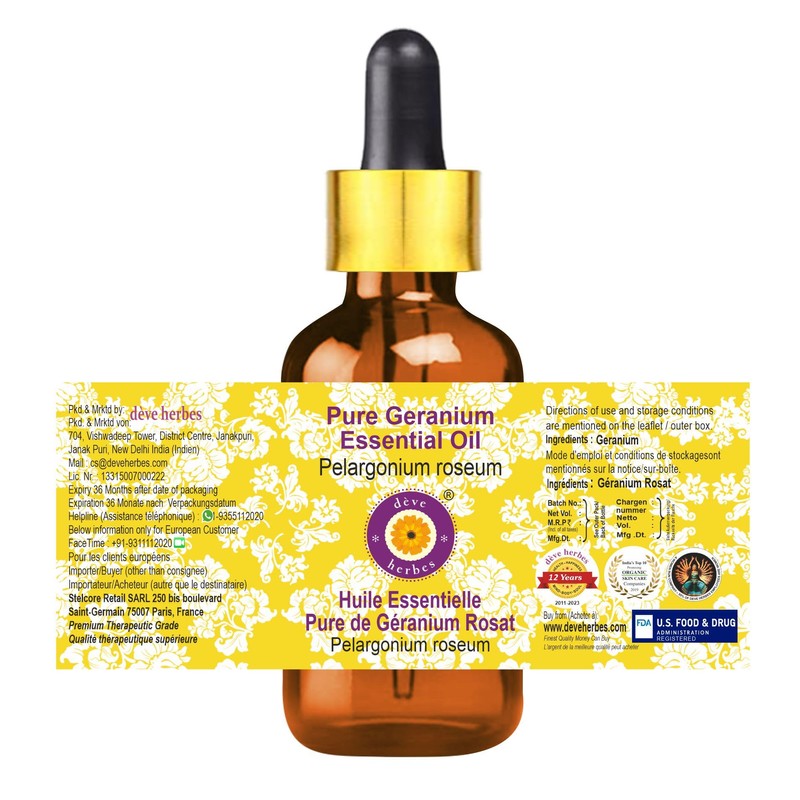 Deve Herbes Pure Geranium Essential Oil (Pelargonium graveolens) with Glass