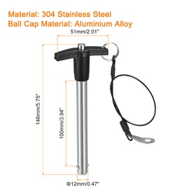 sourcing map T Handle Lock Pins, 15/32" Pin Dia. 3-15/16" Usage Length Stainless Steel Push-Button Quick Release Pin with Lanyard Cable (12mm-100mm)