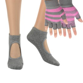 Cosmos Non-Slip Yoga Gloves and Socks Set Pilates Socks & Gloves Set for Women, Barre, Ballet, Bikram Training & Workouts (Gray)