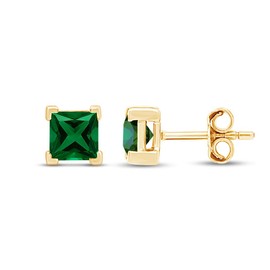 6mm Princess Cut Simulated Emerald Stud Earrings in 14k Yellow Gold Over Sterling Silver