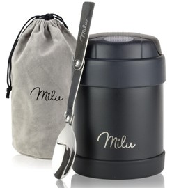 Milu Food Flask for Hot Food Kids - 300ml Leakproof Insulated Stainless Steel Thermal Lunch Box, Soup Container with Spoon, BPA-Free, To go Meal Prep, Porridge (Black, 300ml)
