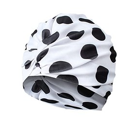SUNTRADE Women Swimming Cap Long Hair Swimming Hat Non-Waterproof Pleated Knotted Turban Swim Cap (White Cap Black Dot)