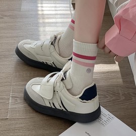 PLZSITDOWN Womens Solid Color Two Stripe Crew Socks Casual Athletic Smiling Face Ankle Socks for women Girls Pink