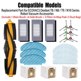 Replacement Parts for ECOVACS Deebot T8 / N8 / T9 / N10 Series Robot Vacuum Accessories 1 Main Brush 6 Side Brush 3 HEPA Filter 6 Mop Pad 3 Dust Bags