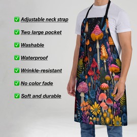 Turamurra Forest Mushrooms Apron for Women, 28x33in, Kitchen Chef Aprons with 2 Pockets, Polyester, Colorful Mushroom Apron for Cooking BBQ Baking Gardening Chef, Gifts for Mom Wife Dad