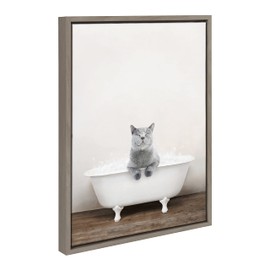 Kate and Laurel Sylvie Cat in Rustic Bath Framed Canvas Wall Art by Amy Peterson Art Studio, 18x24 Gray, Modern Fun Decorative Bathtub Wall Art for Home Décor