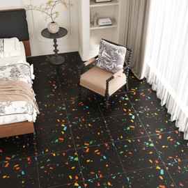 VaryStyle 12"x12" Black Colorful Terrazzo Peel and Stick Floor Tile Waterproof Vinyl Flooring Removable Thick 6-Sheet Black Flooring Self Adhesive Stick on Floor Tiles for Bathroom Basement Kitchen