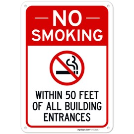 No Smoking Within 50 Feet of All Building Entrances Sign, 10x7 Inches, 55 mil Thick HDPS (high Density polystyrene), Made in USA