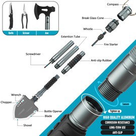 ZENHOSIT Survival Shovel with Axe, Camping Gear Folding Shovel Tactical Hatchet with 19.7-39.3inch Lengthened Handle - 24 in 1 Survival Tool Kit for Outdoor Camping Fishing Hiking