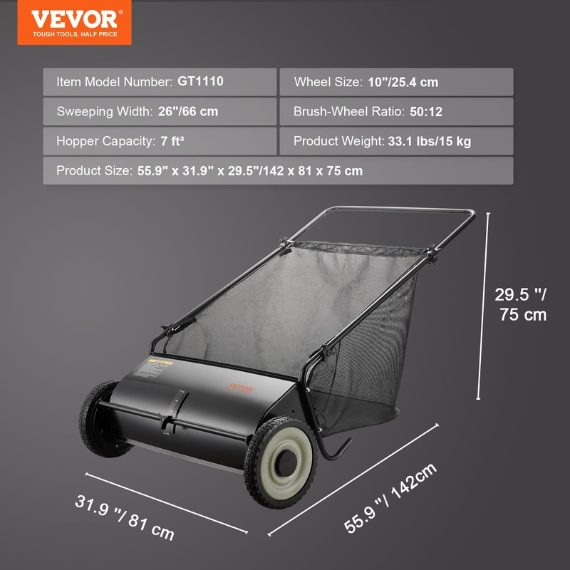 VEVOR Push Lawn Sweeper, 26 Inch Leaf & Grass Collector,