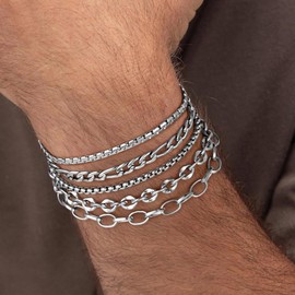 TINGN Men's Bracelet 316L Stainless Steel Bracelets Cuban Link Rope Figaro Chain Bracelet Set Jewellery Gift for Men Him Father Boyfriend Husband, Stainless Steel