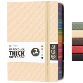 A5 Hardcover Thick Notebook 500 Pages, 5.7 x 8.3 inch Big Daily 365 Women or Men Journal for Writing with Spray Edges, Lined Paper Diary Journaling Notebook for Work (Beige)