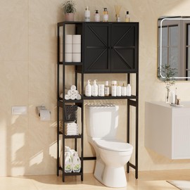 Wisuce Home Bamboo Over The Toilet Storage, Above Toilet Organizer Storage Shelf Stand, Tall Freestanding Behind Toilet Rack Towel, Tiered Bathroom Space Saver Shelving, Easy Assembly (Black)