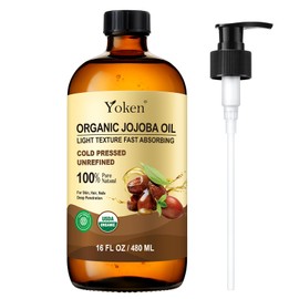 Yoken Organic Jojoba Oil Glass Bottle 16 fl oz, USDA Certified 100% Pure & Natural Jojoba Oil for Hair, Skin & Face, Cold Pressed Unrefined Hexane Free, Deeply Moisturizing Body Serum for Gua Sha