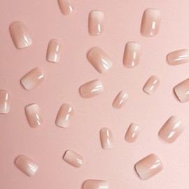 MIXFOSAHN Press on Nails Short Square French Tip Fake Nails White & Pink Gradient False Nails with Designs Gradient Glossy Glue on Nails Stick on Nails Acrylic Nails for Women Girls 24 Pcs