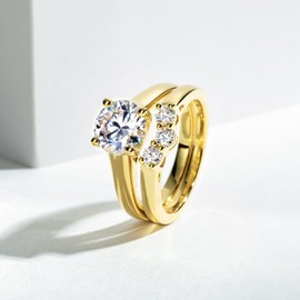 Idocare Moissanite Wedding Rings Set 2.3cttw D Color VVS1 Round Cut 14K Yellow Gold Plated 925 Sterling Silver Promise Anniversary Engagement Bridal Rings Set for Women