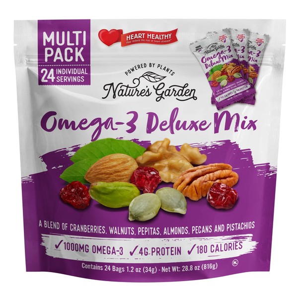 Nature's Garden Omega 3 Deluxe Mix - Trail Mix, Deluxe Mix Nuts, Heart Healthy, Gluten Free, Cholesterol Free, Sodium Free, No Artificial Ingredients - 1.2 oz Bags (24 Individual Servings)