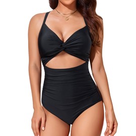 Smismivo - Traje de baño de una pieza para mujer, con control de barriga, corte alto, traje de baño fruncido, Negro -, M
