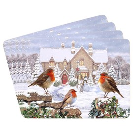 Set of 4 Place Mats - Christmas Robins Design