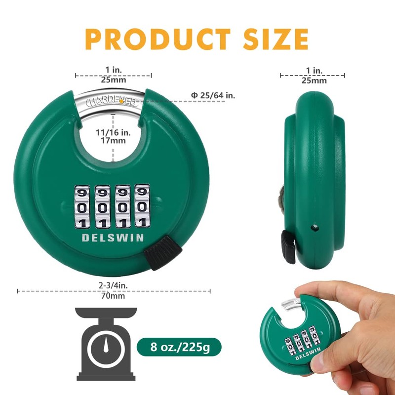 DELSWIN 4 Digit Combination Lock, Outdoor Combination Disc Padlock with