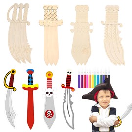 svpfuo 12 Stück Holzschwert und 12 Stück Wasserfarbstifte, Piratenschwerter aus Holz, Hölzerne Piraten zum Bemalen Set, DIY Piratenschwert für Kinder, ein Geschenk für Kinder Malideen