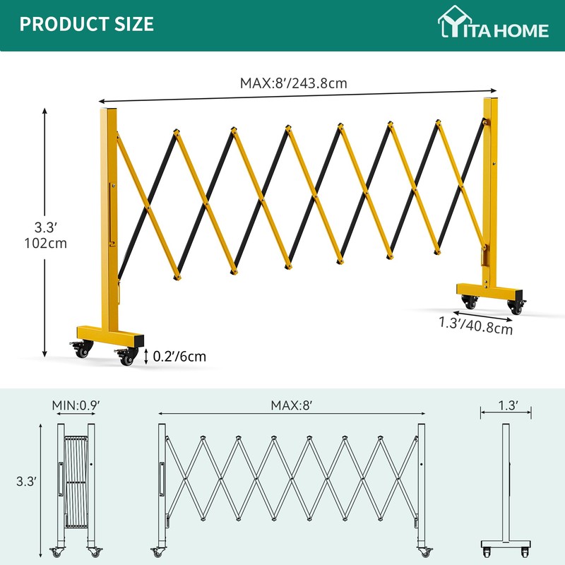 YITAHOME Metal Expandable Mobile Barricade, 8FT Folding Security Gate, Retractable