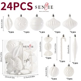 Christmas Ball Ornaments Shatterproof Plastic Tree Ornaments 24 PCS Shaped Styles Xmas Tree Holiday Decor,White