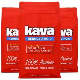 Kava Low Acid Neutralized Ground Coffee – Medium Roast Arabica, Smooth Flavor, 12 Ounce Bag (Pack of 3)