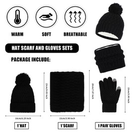 3 Pieces Kids Winter Hat Gloves Scarf Set, Kids Knit Thick Scarf Warm Knitted Beanie Hat Scarf Set Thermal Soft Thick Scarf Hat Snow Gloves Set for Girls Boys Children 1-6 Year Old (Black)