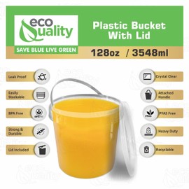 1 Gallon (128 oz) Clear Plastic Bucket with Lid and Handle (10 Pack), Ice Cream Tub with Lids - Food Grade Freezer and Microwave Safe Food Storage Containers, Round Plastic Pail Container, BPA Free