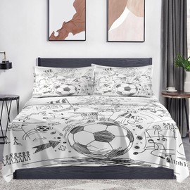 WeCozy King Size 4 Pcs Bed Fitted Sheet Set with 14" Deep Pocket, Game Soccer Painting Flat Sheet Set for Kids and Adults, Sport Ball Football Bedding with 2 Pillowcases for Bedroom Decor