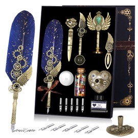 NC Feather Pen Ink Set, Quill Pen Ink Set, Wax Seal Stamp Set, Feather Calligraphy Pen Set, Valentine’s Day Gift for Writing Lovers Birthday Gift, Holiday Ideal Gift (Blue)