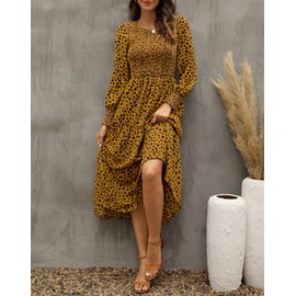 Zattcas Tiered Dress Women Fall Bohemian Floral Smocked Long Sleeve Midi Dress Yellowish Brown L