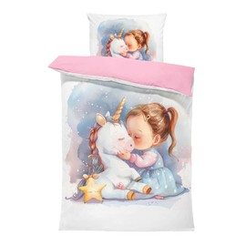Pictogogo Girls Single Bed Duvet Cover - Duvet Cover 140 x 200 cm + Pillowcase 63 x 63 cm Girl with Unicorn / Cotton Reverse - Pink Microfibre Printed & Cotton