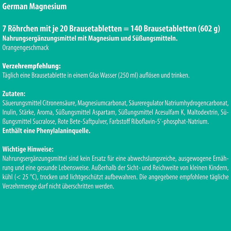 German Magnesium Effervescent Tablets Pack of 140 Orange Flavour -