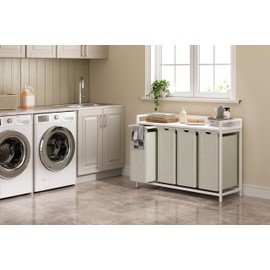 Herture Laundry Hamper with Shelf, Laundry Basket 4 Section, Laundry Sorter with Pull-Out Removable Large Bags and Movable Wheels, Metal Frame, 4 x 15.87 Gallons (60L), White PF07XLW