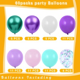 Mermaid Balloons, 60Pcs 12inch Pink and Purple Balloons, Pastel Pink Purple Teal Blue Gold Balloons with Metallic Confetti Pink and Blue Balloons for Baby Shower Girls Under The Sea Ocean Party