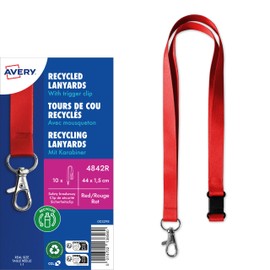 AVERY Zweckform 4842R Lanyard Pack of 10 (44 x 1.5 cm, Card Holder with Carabiner Hook Safety Clasp, Lanyard for ID Cover, Card Case, Name Tags, Neck Strap) Red