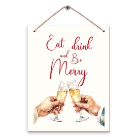 DUXMNAMG Eat Drink and Be Merry Hanging Wooden Signs 10x8, Christmas Bar Cart Signs, Funny Kitchen Signs, Christmas Door Decor, Christmas Bar Dinning Room Home kitchen Hanging Wall Decor