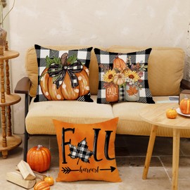 Tikeciti Fall Pillow Covers Hello Pumpkin 18x18 Set of 4 Farmhouse Buffalo Plaid Throw Cushion Case Fall Decorations for Couch Sofa