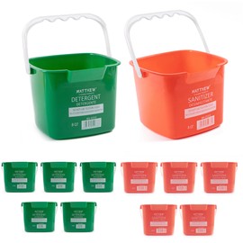 Matthew Detergent&Sanitizing Cleaning Bucket 8 Quart Plastic Pail,Set of 12 Square Containers,Built-In Spout w/Handle,Wash Rinse Sanitize Handwash Bucket for Home Commercial Restaurant (6 Red&6 Green)