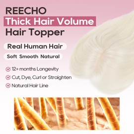 REECHO Human Hair Toppers with Bangs, Thick Hair Volume Topper Hairpiece for Women Real Human Hair Extensions for Daily Wear, White Blonde