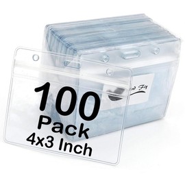 Portatarjetas de identificación para tarjetas de identificación, paquete de 100 (horizontal, 4 x 3 pulgadas), plástico transparente de alta calidad