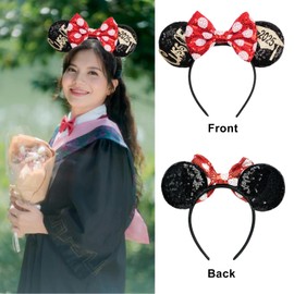 Kiddale Mouse Ears Headband for Graduation,Sequin Mouse Ear Hairband Hair Hoop Accessoties for Class of 2025 Graduation Party Favors Park Trip Grad Decoration(Black Red White Dots)