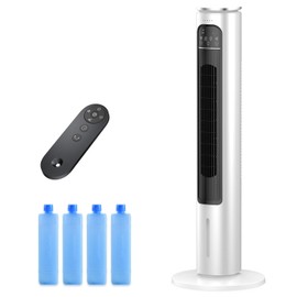 Windowless Portable Air Conditioner Ac Unit with Remote,37” Evaporative Air Cooler,Swamp Cooler for 4 Modes, 12H Timer, Removable Water Tank,Ice Packs,CoolingTower Fan for Bedroom,Outdoor,Indoor White